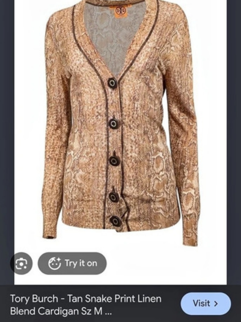 Tory Burch Tan Snake Print Linen Blend Cardigan Brown & Tan XL